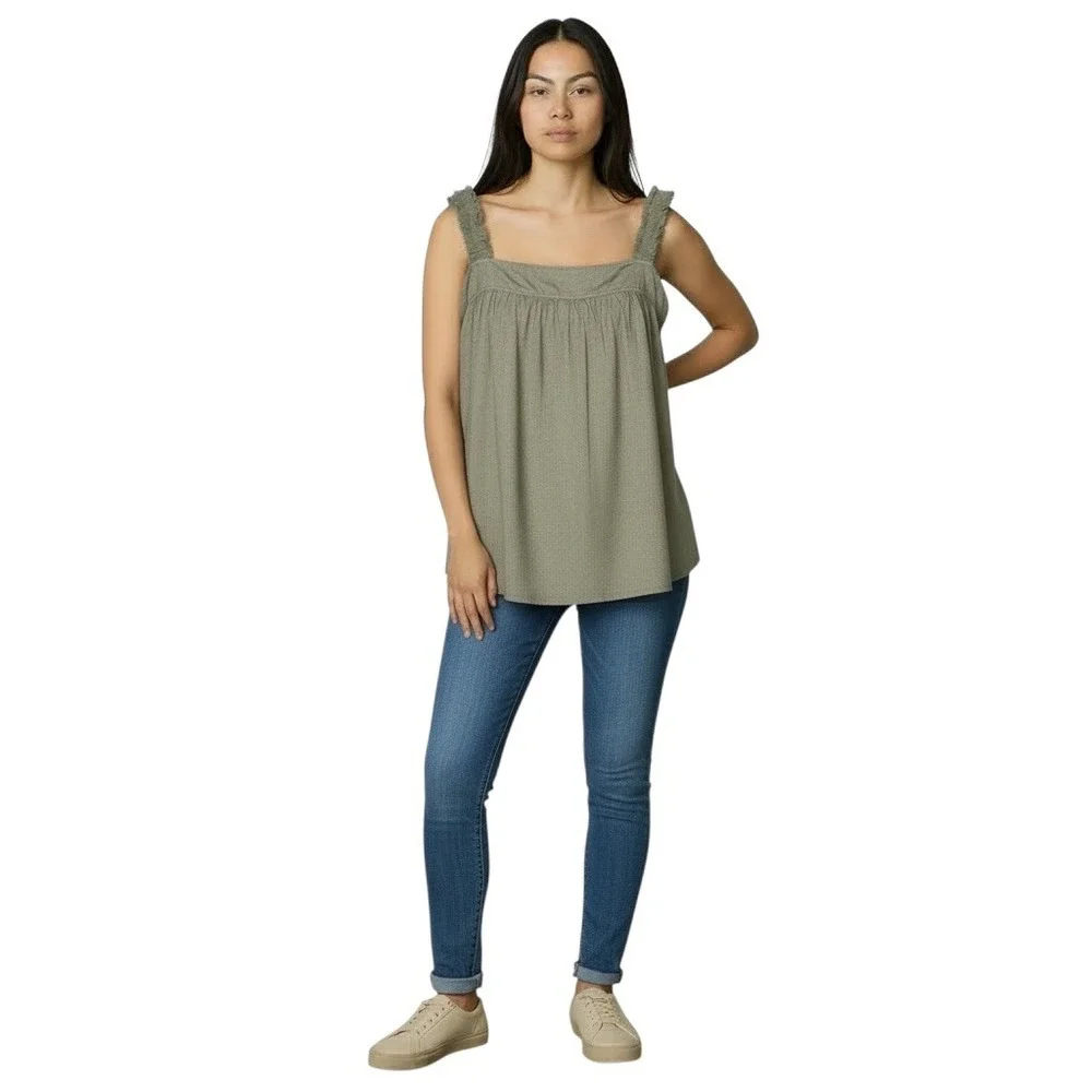 Cynthia Rowley 100% Linen Tank Top Olive Green Ruffle Strap Button Back Medium - Picture 3 of 10